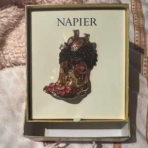 Napier Gold and Pink Western Boot Brooch